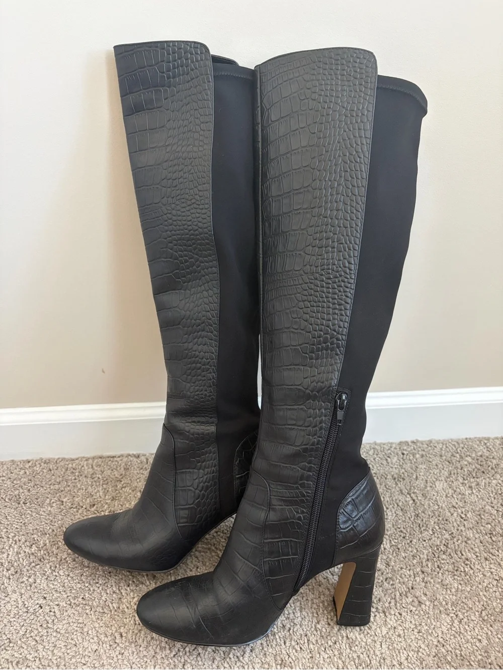 Tall Women's Black Croc-Embossed Knee-High Boots